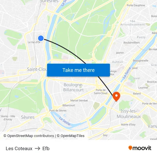 Les Coteaux to Efb map