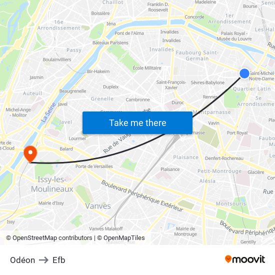 Odéon to Efb map