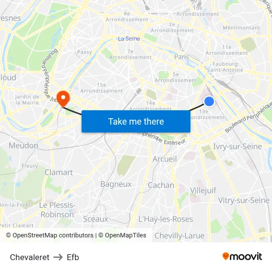 Chevaleret to Efb map