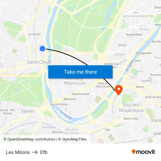Les Milons to Efb map