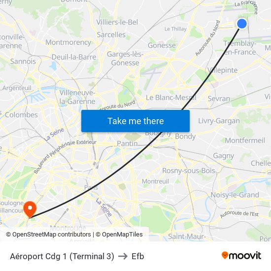 Aéroport Cdg 1 (Terminal 3) to Efb map