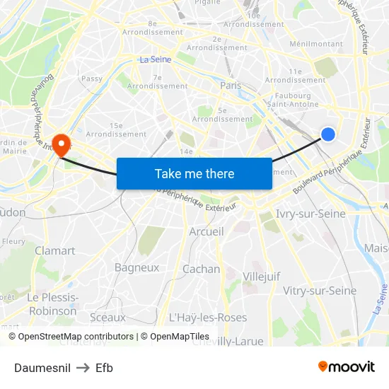 Daumesnil to Efb map