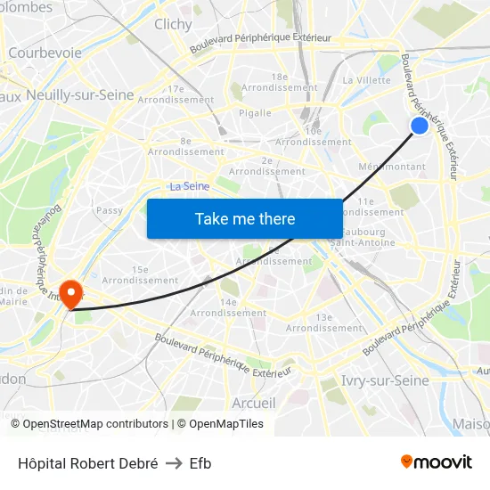 Hôpital Robert Debré to Efb map