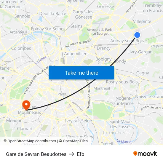 Gare de Sevran Beaudottes to Efb map