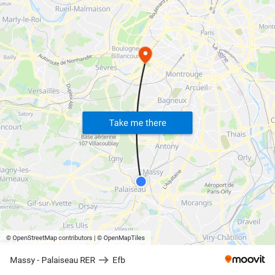 Massy - Palaiseau RER to Efb map