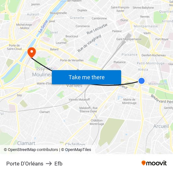 Porte D'Orléans to Efb map