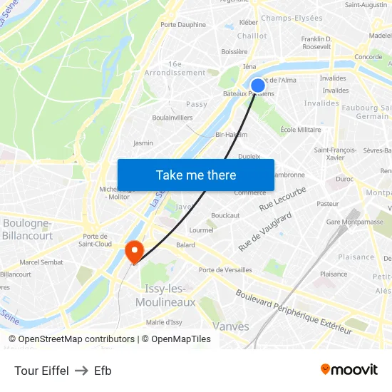 Tour Eiffel to Efb map