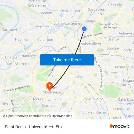Saint-Denis - Université to Efb map