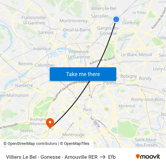 Villiers Le Bel - Gonesse - Arnouville RER to Efb map