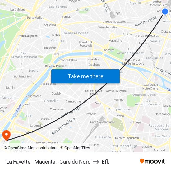 La Fayette - Magenta - Gare du Nord to Efb map