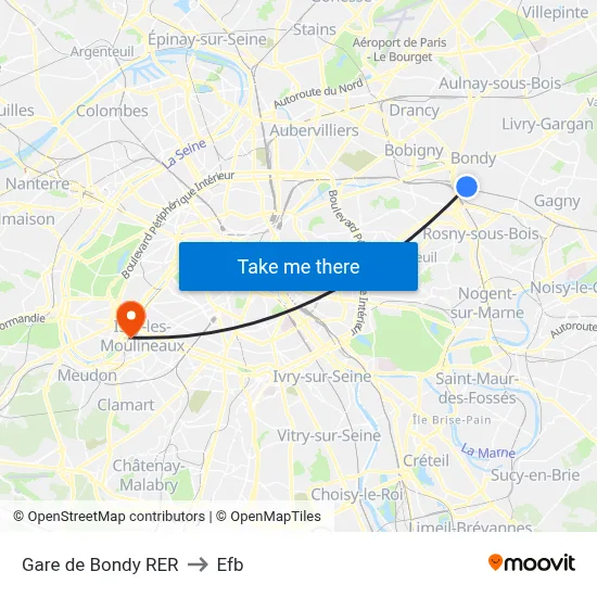 Gare de Bondy RER to Efb map