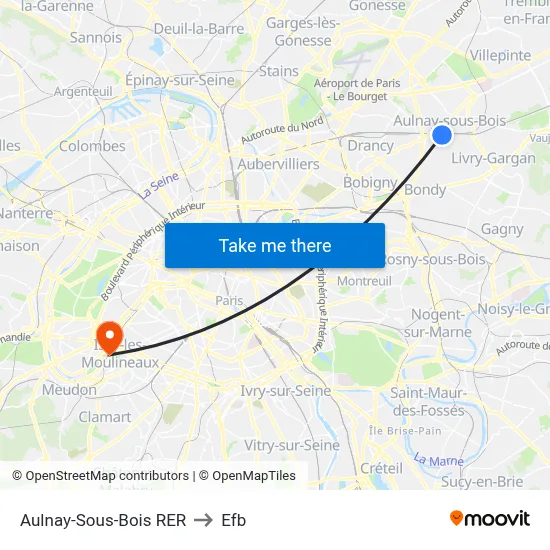 Aulnay-Sous-Bois RER to Efb map
