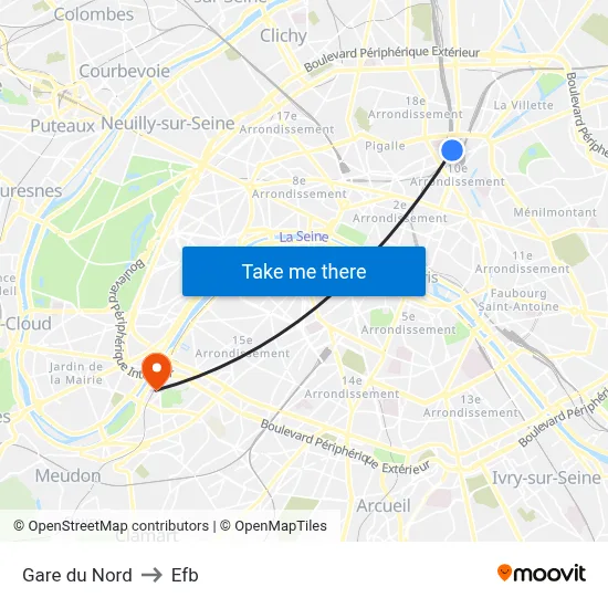 Gare du Nord to Efb map