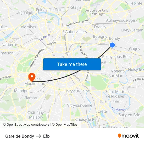 Gare de Bondy to Efb map
