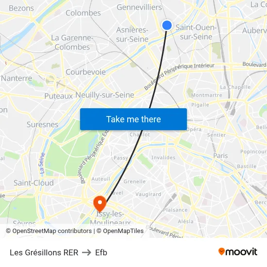 Les Grésillons RER to Efb map