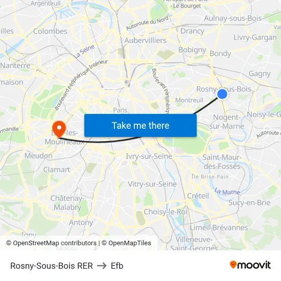 Rosny-Sous-Bois RER to Efb map