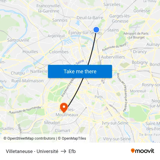 Villetaneuse - Université to Efb map