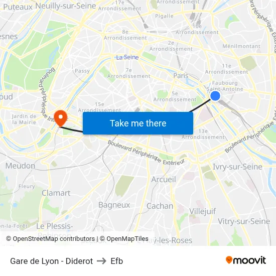 Gare de Lyon - Diderot to Efb map