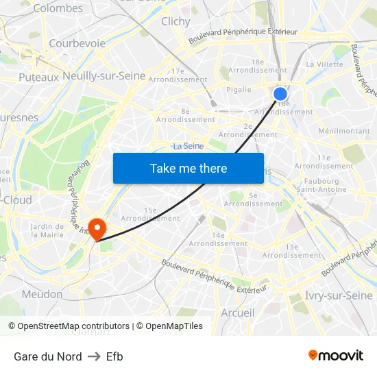 Gare du Nord to Efb map