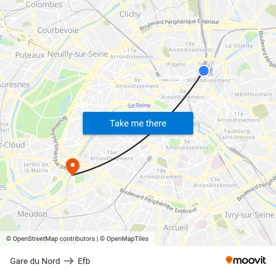 Gare du Nord to Efb map