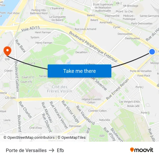 Porte de Versailles to Efb map