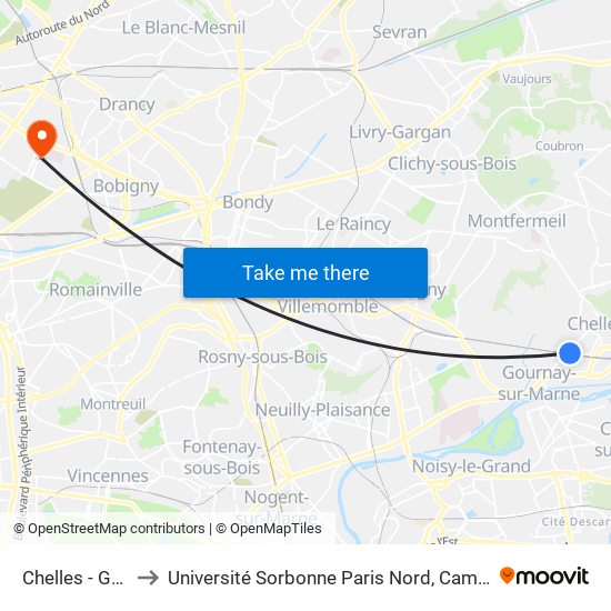Chelles - Gournay to Université Sorbonne Paris Nord, Campus de Bobigny map