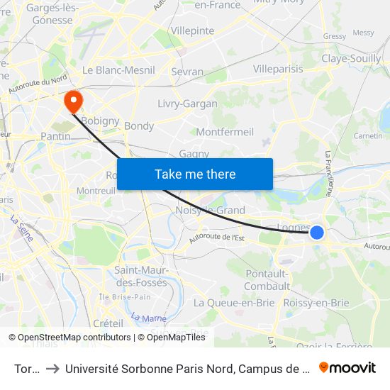 Torcy to Université Sorbonne Paris Nord, Campus de Bobigny map