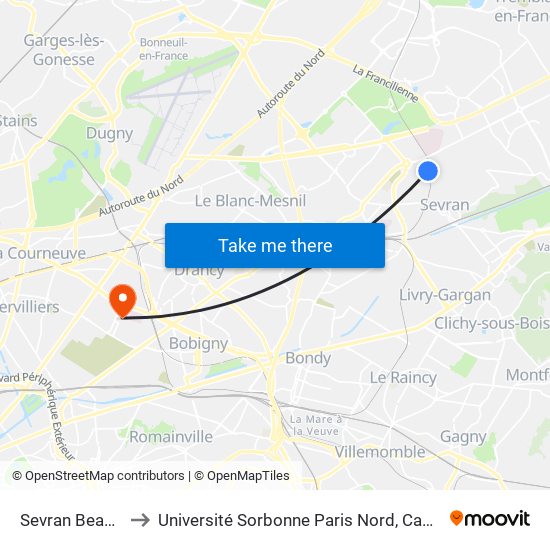 Sevran Beaudottes to Université Sorbonne Paris Nord, Campus de Bobigny map