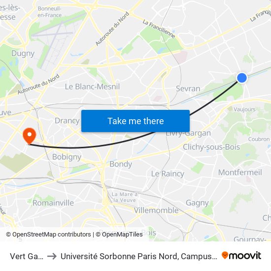 Vert Galant to Université Sorbonne Paris Nord, Campus de Bobigny map