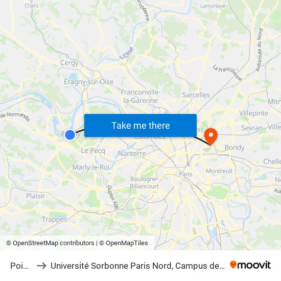 Poissy to Université Sorbonne Paris Nord, Campus de Bobigny map