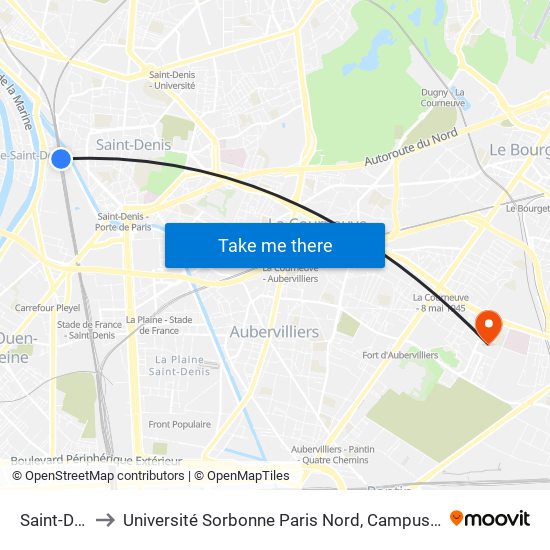 Saint-Denis to Université Sorbonne Paris Nord, Campus de Bobigny map