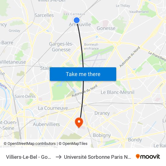 Villiers-Le-Bel - Gonesse - Arnouville to Université Sorbonne Paris Nord, Campus de Bobigny map