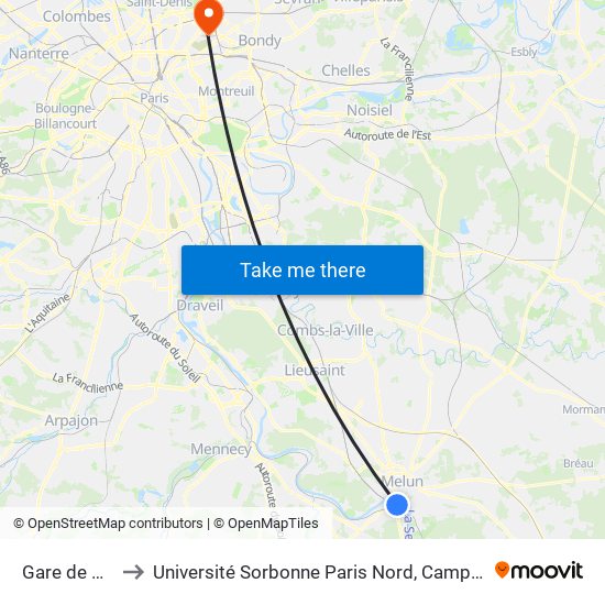 Gare de Melun to Université Sorbonne Paris Nord, Campus de Bobigny map