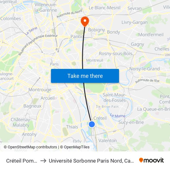 Créteil Pompadour to Université Sorbonne Paris Nord, Campus de Bobigny map