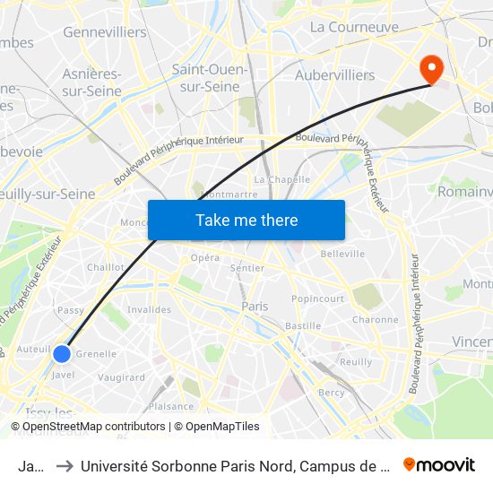 Javel to Université Sorbonne Paris Nord, Campus de Bobigny map
