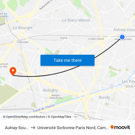 Aulnay-Sous-Bois to Université Sorbonne Paris Nord, Campus de Bobigny map