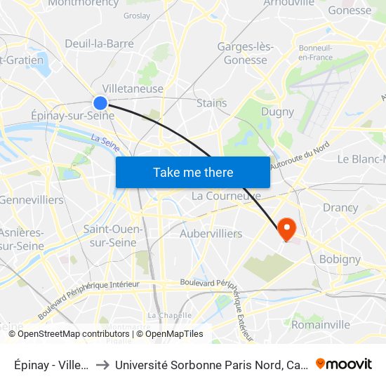Épinay - Villetaneuse to Université Sorbonne Paris Nord, Campus de Bobigny map