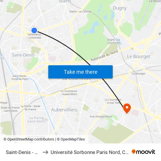 Saint-Denis - Université to Université Sorbonne Paris Nord, Campus de Bobigny map