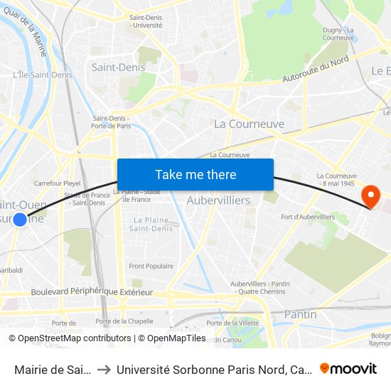 Mairie de Saint-Ouen to Université Sorbonne Paris Nord, Campus de Bobigny map