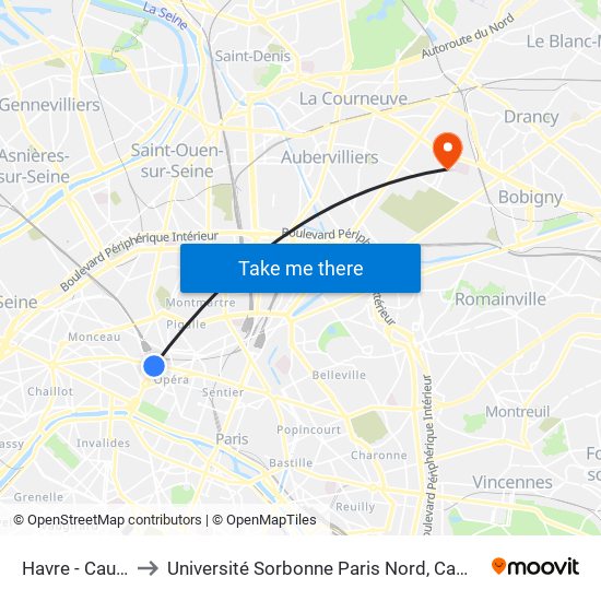 Havre - Caumartin to Université Sorbonne Paris Nord, Campus de Bobigny map