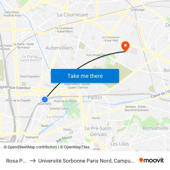 Rosa Parks to Université Sorbonne Paris Nord, Campus de Bobigny map