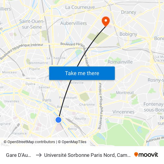 Gare D'Austerlitz to Université Sorbonne Paris Nord, Campus de Bobigny map