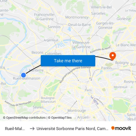 Rueil-Malmaison to Université Sorbonne Paris Nord, Campus de Bobigny map