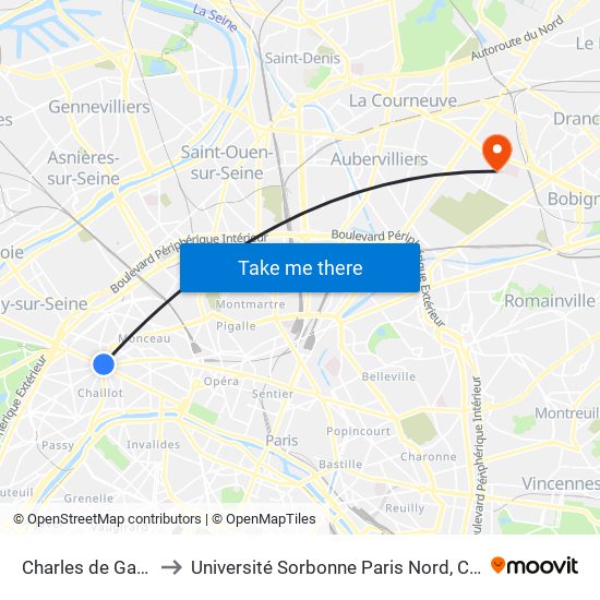 Charles de Gaulle Etoile to Université Sorbonne Paris Nord, Campus de Bobigny map