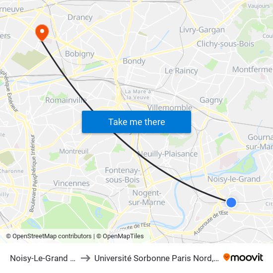 Noisy-Le-Grand - Mont D'Est to Université Sorbonne Paris Nord, Campus de Bobigny map