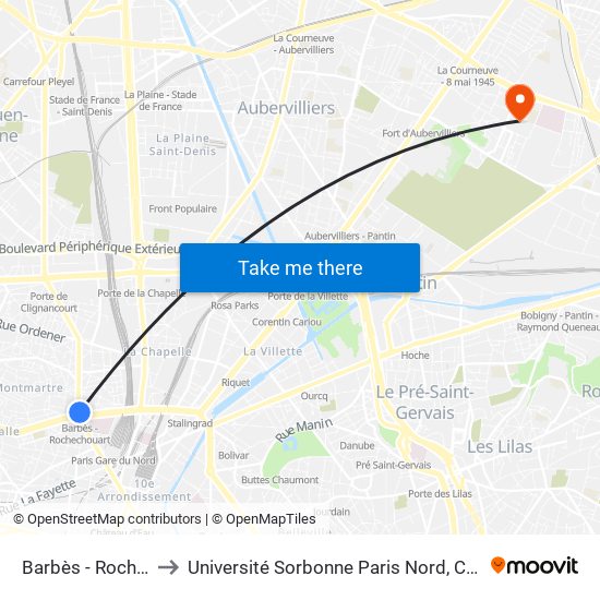 Barbès - Rochechouart to Université Sorbonne Paris Nord, Campus de Bobigny map