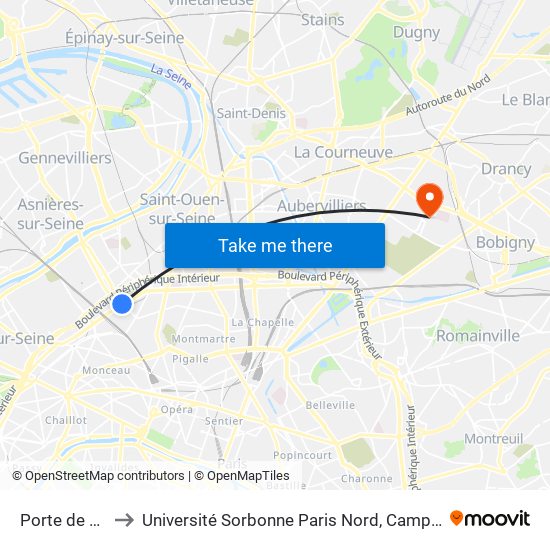 Porte de Clichy to Université Sorbonne Paris Nord, Campus de Bobigny map