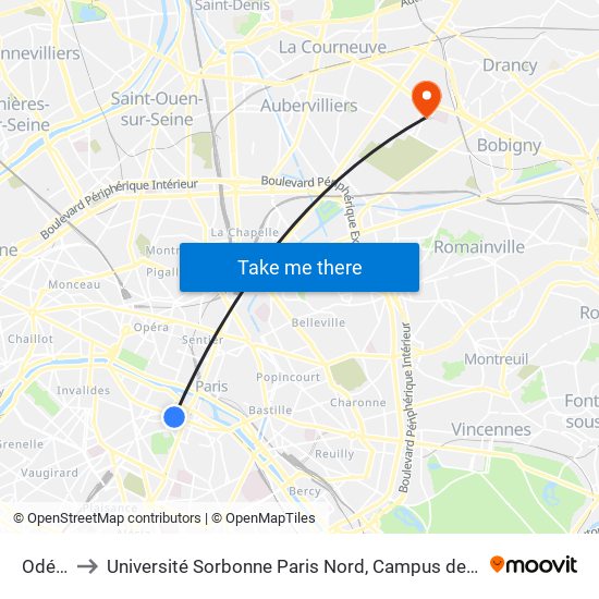 Odéon to Université Sorbonne Paris Nord, Campus de Bobigny map