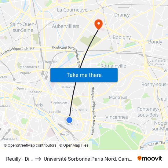 Reuilly - Diderot to Université Sorbonne Paris Nord, Campus de Bobigny map