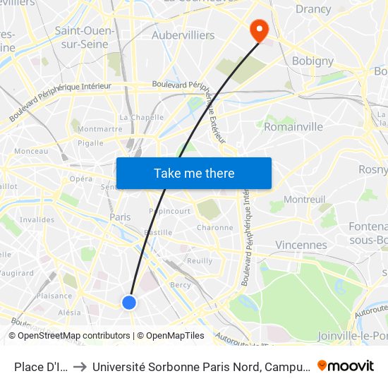 Place D'Italie to Université Sorbonne Paris Nord, Campus de Bobigny map